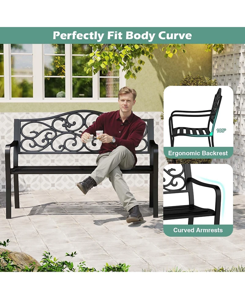 Sugift 50 Inches Outdoor Cast Iron Metal Patio Bench with Floral Design Backrest and Slatted Seat