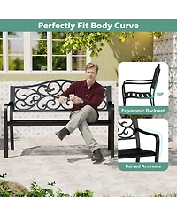 Sugift 50 Inches Outdoor Cast Iron Metal Patio Bench with Floral Design Backrest and Slatted Seat