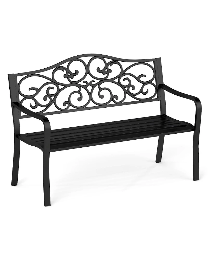 Sugift 50 Inches Outdoor Cast Iron Metal Patio Bench with Floral Design Backrest and Slatted Seat