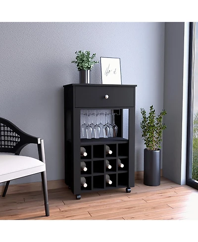 flynama Bar Cart with 12 Built-in Wine Rack, 8-Glass Rack and Spacious Drawer