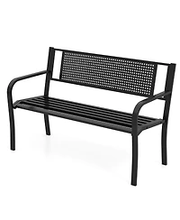Sugift 50 Inches Garden Bench with Patterned Backrest and Curved Armrests