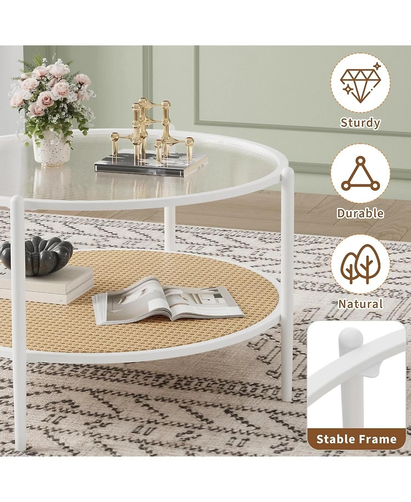 gaomon Round Coffee Table, 2-Tier Tea Table with Rattan Storage Shelf, Tempered Glass Tabletop, Boho Cocktail Tables Modern Center Table