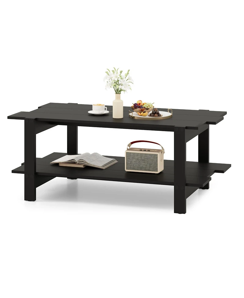 Sugift 2-Tier Coffee Table Slatted Wood Center Table with Storage Shelf
