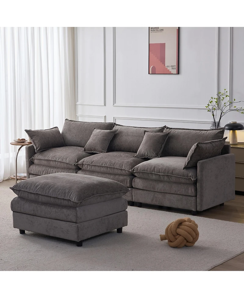 Rainsken L-Shaped Modular Sectional Sofa, 105" 3-Seater Convertible Chenille Couch with Removable Ottoman for Living Room Decor