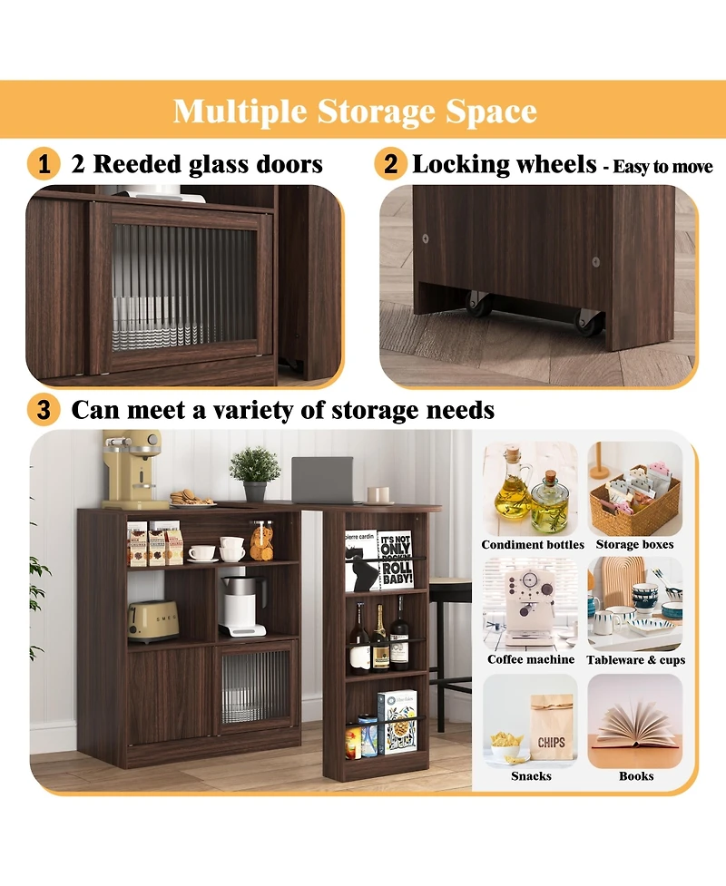 flynama Modern Bar Cabinet with Rotating Top and Ribbed Glass Doors