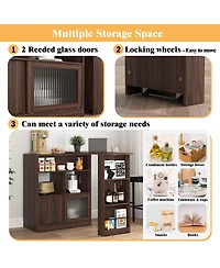 flynama Modern Bar Cabinet with Rotating Top and Ribbed Glass Doors