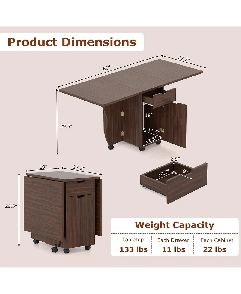 Sugift Folding Dining Table 3-in-1 Space-Saving Drop Leaf Kitchen Table with Lockable Wheels.