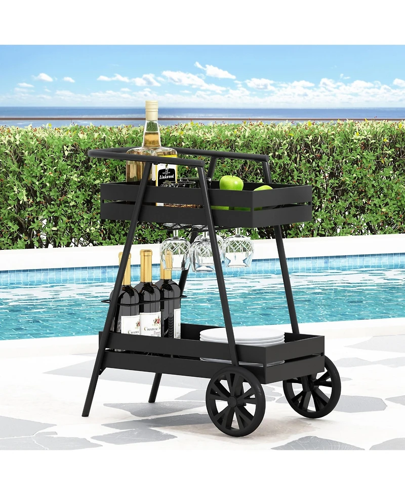 flynama Rex Modern Industrial Iron Frame Bar Cart with Wine Holders