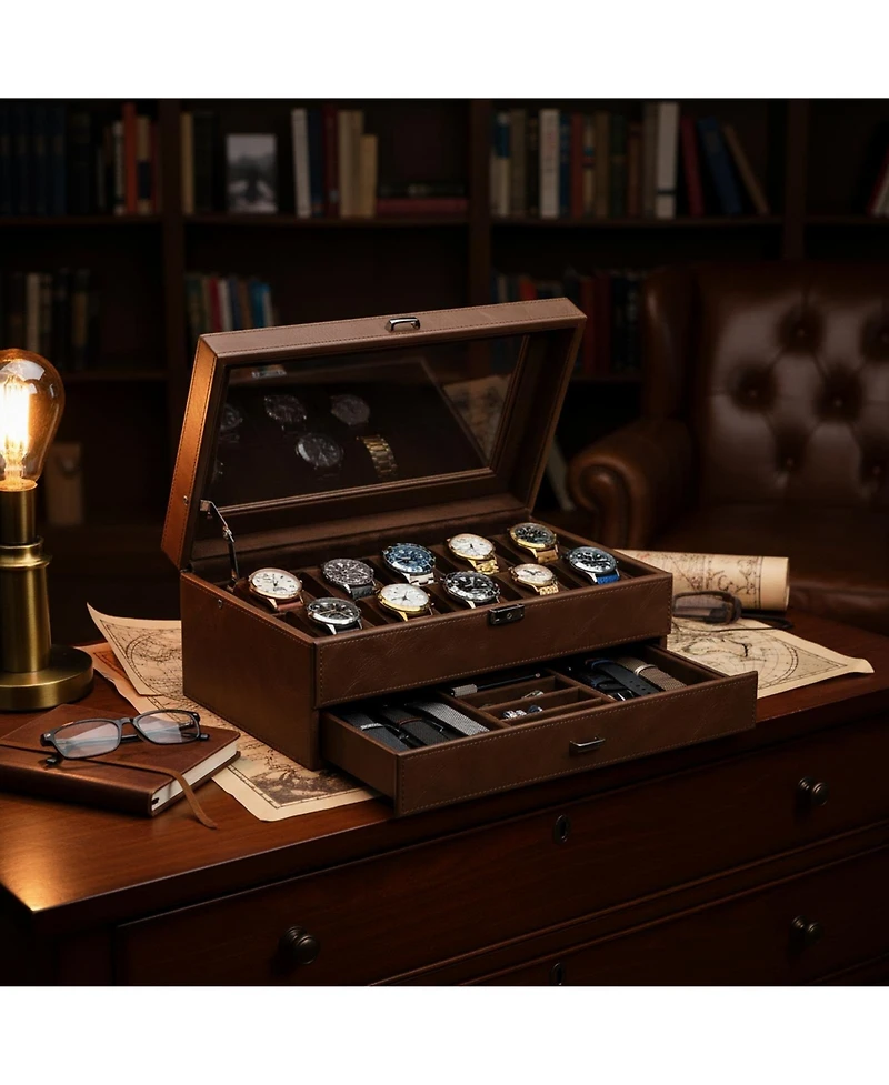 Yigii 2Layer 12Slot Watch Box Pu Leather Removable Pillows Clear Glass Lid Organizer Storage