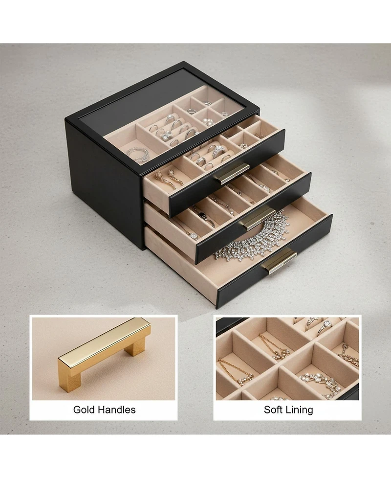 Yigii 3-Layer Organizer with Drawers Glass Lid Display Storage Soft Pu Leather Exterior Contrast Metal Handles Refined Style