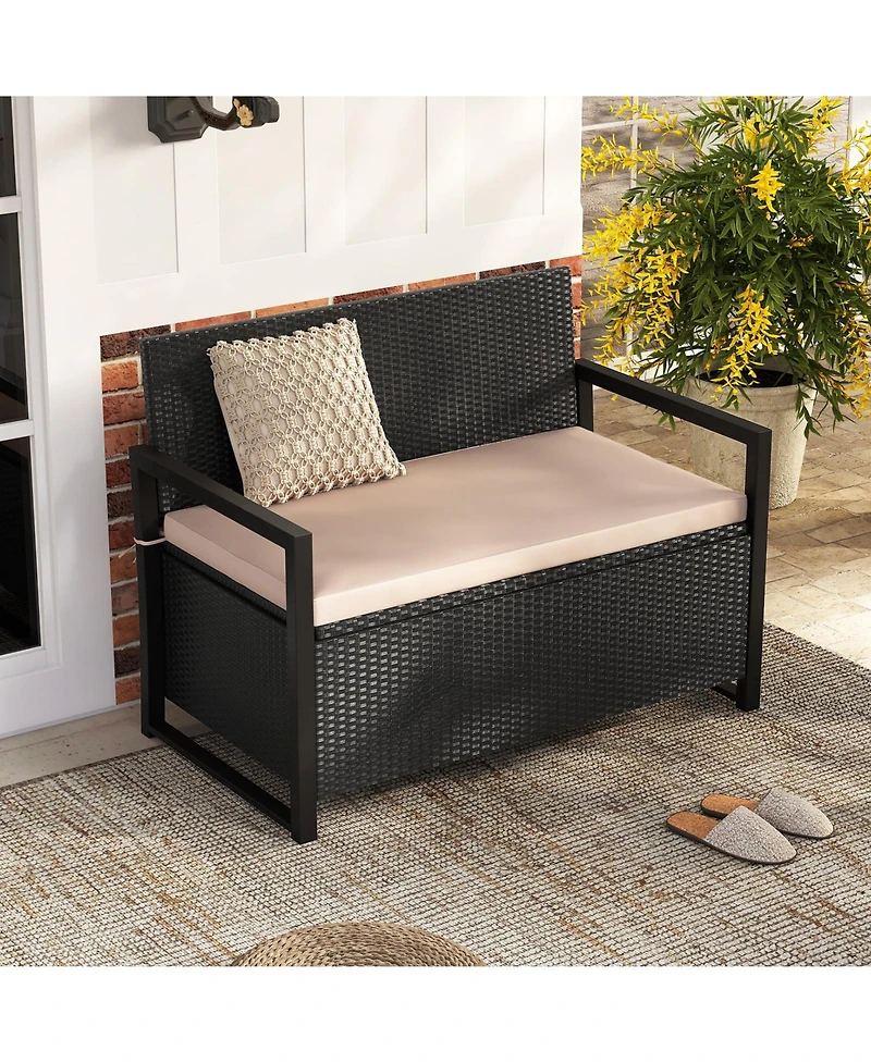 Gouun Wicker Loveseat Storage Bench with 40-Gallon Compartment and Cushion