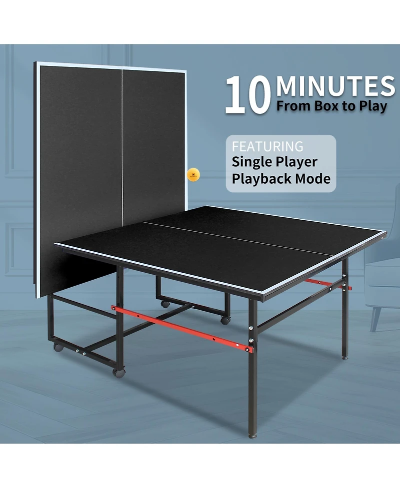 Rainsken 8FT Mid-Size Foldable Ping Pong Table, Portable Family Table Tennis Game Set Complete with Net, 2 Paddles and 3 Balls for Indoor Play