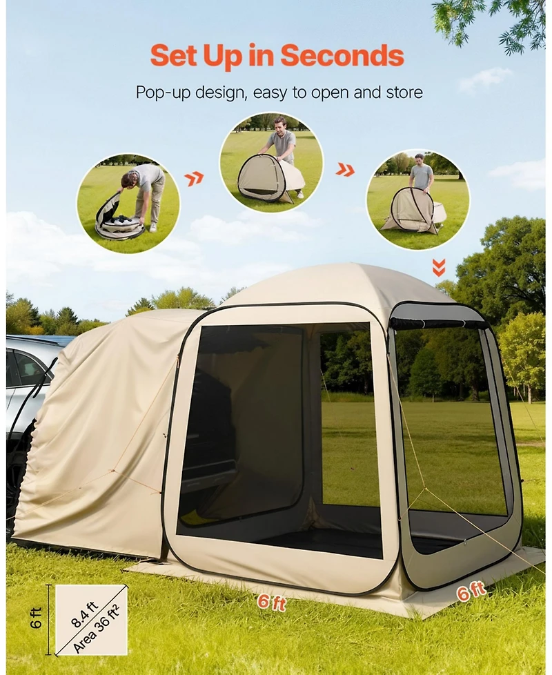 Gouun Pop Up Suv Tailgate Screen Tent 6x6 ft for 4-6 People with Carry Bag and Netting Sides
