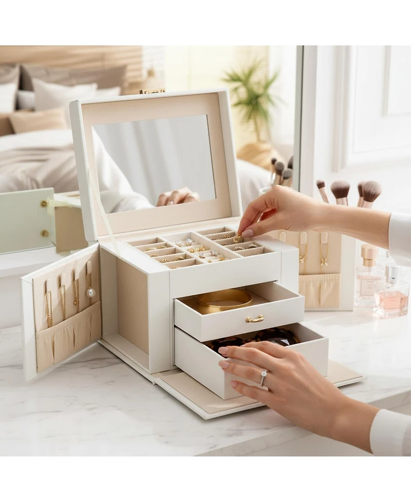 Yigii Lockable 3 Layer Jewelry Organizer with Mirror Drawers Necklace Earring Ring Storage for Women Dresser Gifts