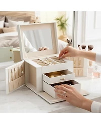 Yigii Lockable 3 Layer Jewelry Organizer with Mirror Drawers Necklace Earring Ring Storage for Women Dresser Gifts
