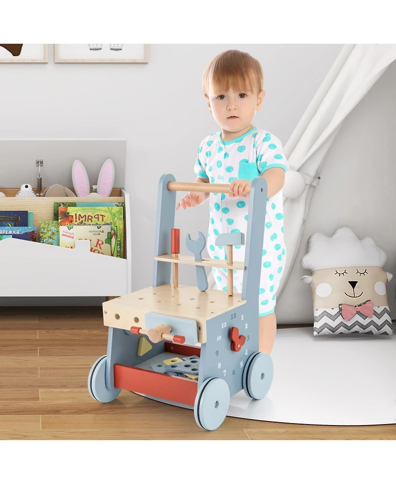 Slickblue 2-in-1 Baby Push Walker with Wooden Frame and Multi-Activity Play Station