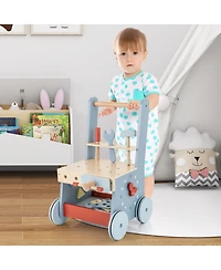 Slickblue 2-in-1 Baby Push Walker with Wooden Frame and Multi-Activity Play Station
