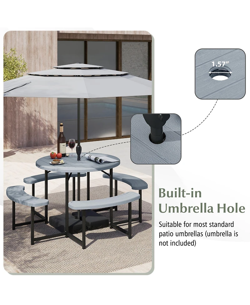Sugift Round Picnic Table Bench Set with 4 Benches and Umbrella Hole for Patio Lawn.