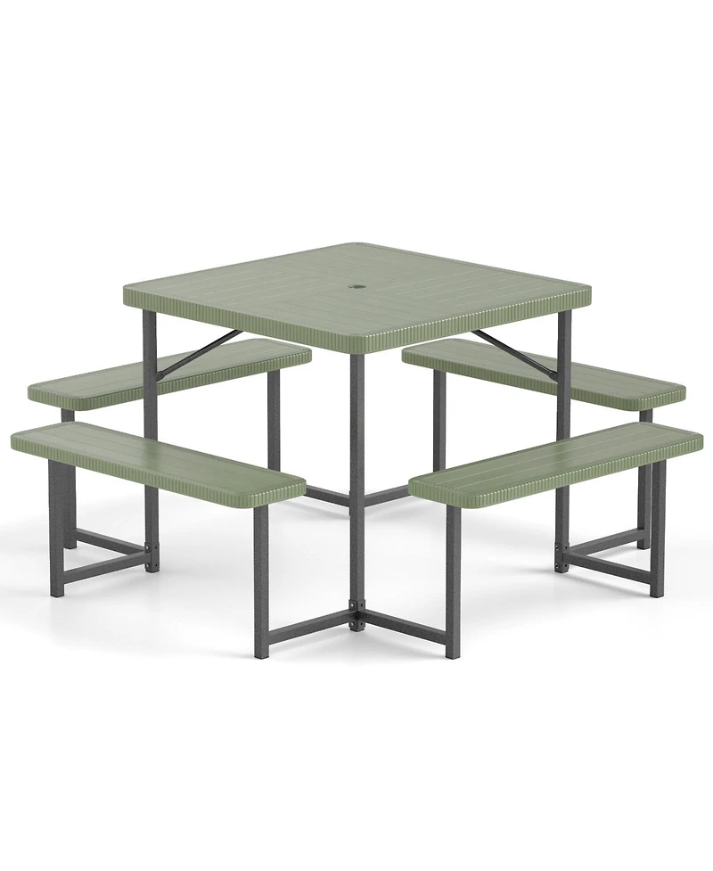 Sugift Outdoor Square Picnic Table Bench Set for 4-8 People with Umbrella Hole.
