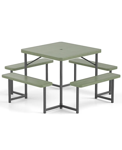 Sugift Outdoor Square Picnic Table Bench Set for 4-8 People with Umbrella Hole.