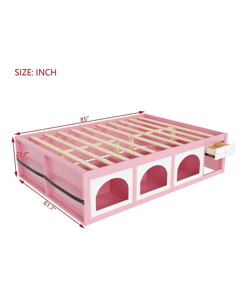 Rainsken Queen Modern Wooden Platform Bed for Kids and Teens, Space-Saving Storage Bed Frame with Bookshelf, Drawer and Led Lighted Display Cabinet