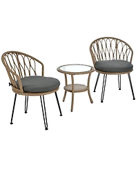 Rainsken 3 Pieces Rattan Bistro Set, Wicker Patio Chairs Set of 2 with Glass Round Table, Wicker Balcony Furniture for Porch, Backyard, Garden