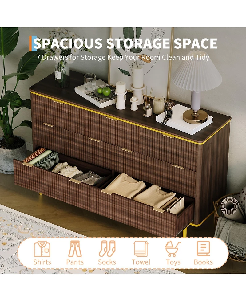 gaomon Bedroom 7-Drawer Dresser, 54in Wide Fluted Wood Chest with Curved Front, Gold Handles, Tv Stand Storage Cabinet.