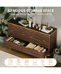 gaomon Bedroom 7-Drawer Dresser, 54in Wide Fluted Wood Chest with Curved Front, Gold Handles, Tv Stand Storage Cabinet.