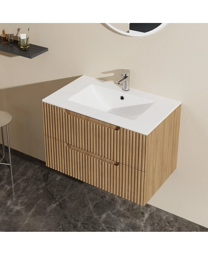 Sillysis Walnut Freestanding Bathroom Vanity with Sintered Stone Top, Ceramic Sink, Soft Close Storage, Stainless Steel Legs-Sillysis