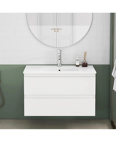 Sillysis Walnut Freestanding Bathroom Vanity with Sintered Stone Top, Ceramic Sink, Soft Close Storage