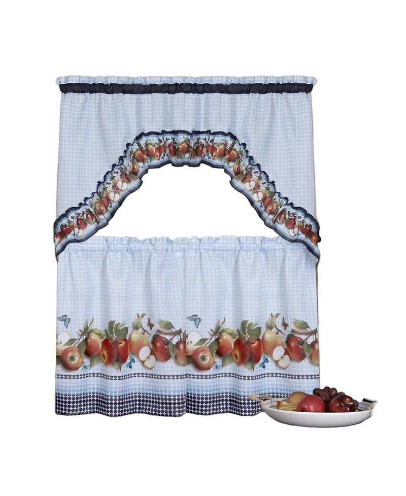 Kate Aurora Gala Apple 3 Piece Rod Pocket Cafe Cottage Semi Sheer Kitchen Curtain Tier Valance Set