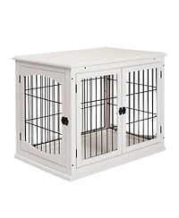 Aostirmotor Small Dog Crate Furniture End Table with Two Opening Sides and Lockable Door, Indoor Puppy Kennel, Pure White