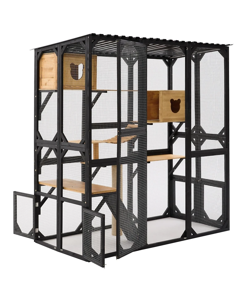 Aostirmotor Outdoor Wooden Catio, Fir Wood Cat Enclosure with Sleeping House and Jumping Platforms, Secure Cat Playpen, Black and Natural