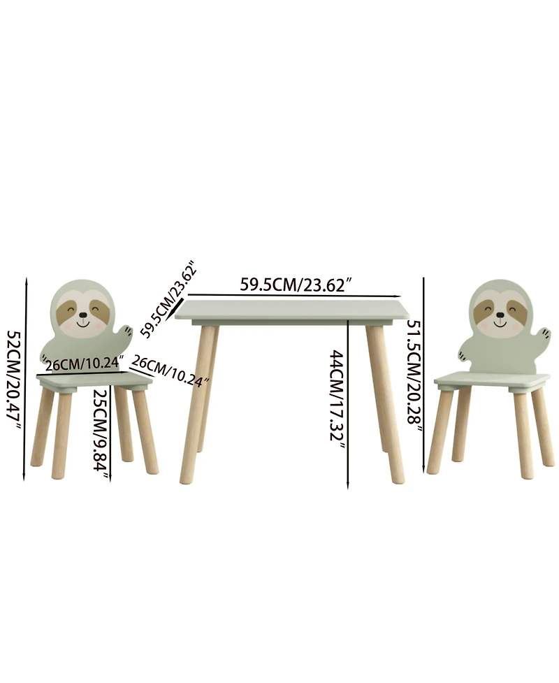 Rainsken Kids Table and Chair Set, with 2 Cute Sloth Chairs, Wood Activity Tables Drawing Play Table Set, for Age 2-6 Boy Girl