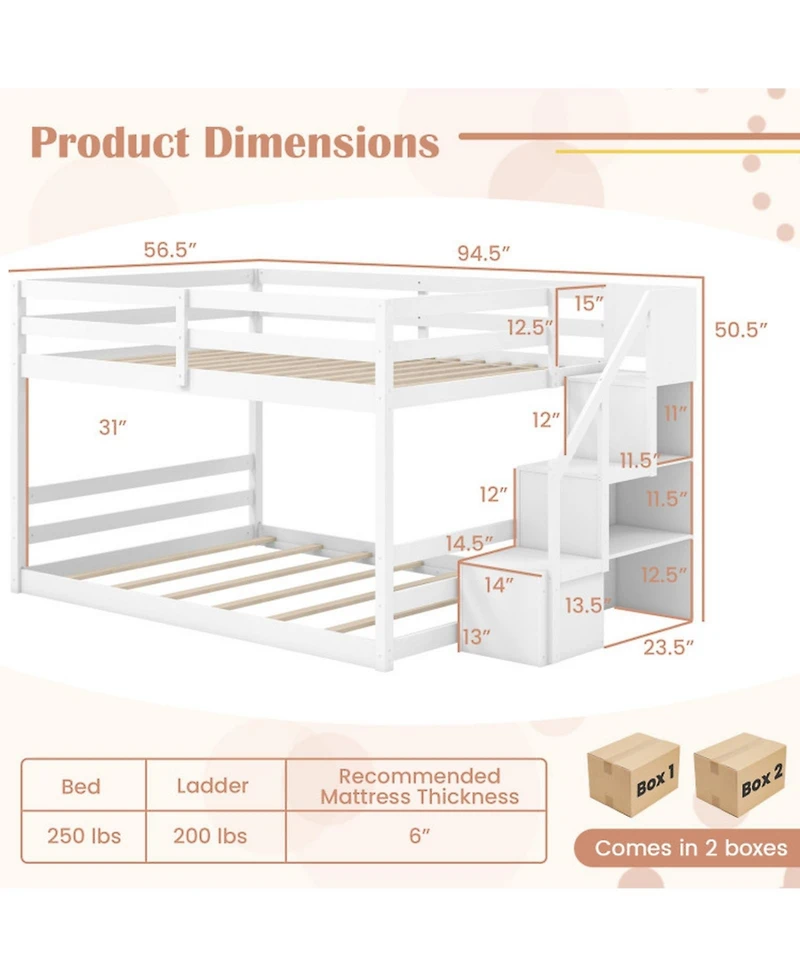 Gouun Pine Wood Full Over Full Bunk Bed with Storage Stairs