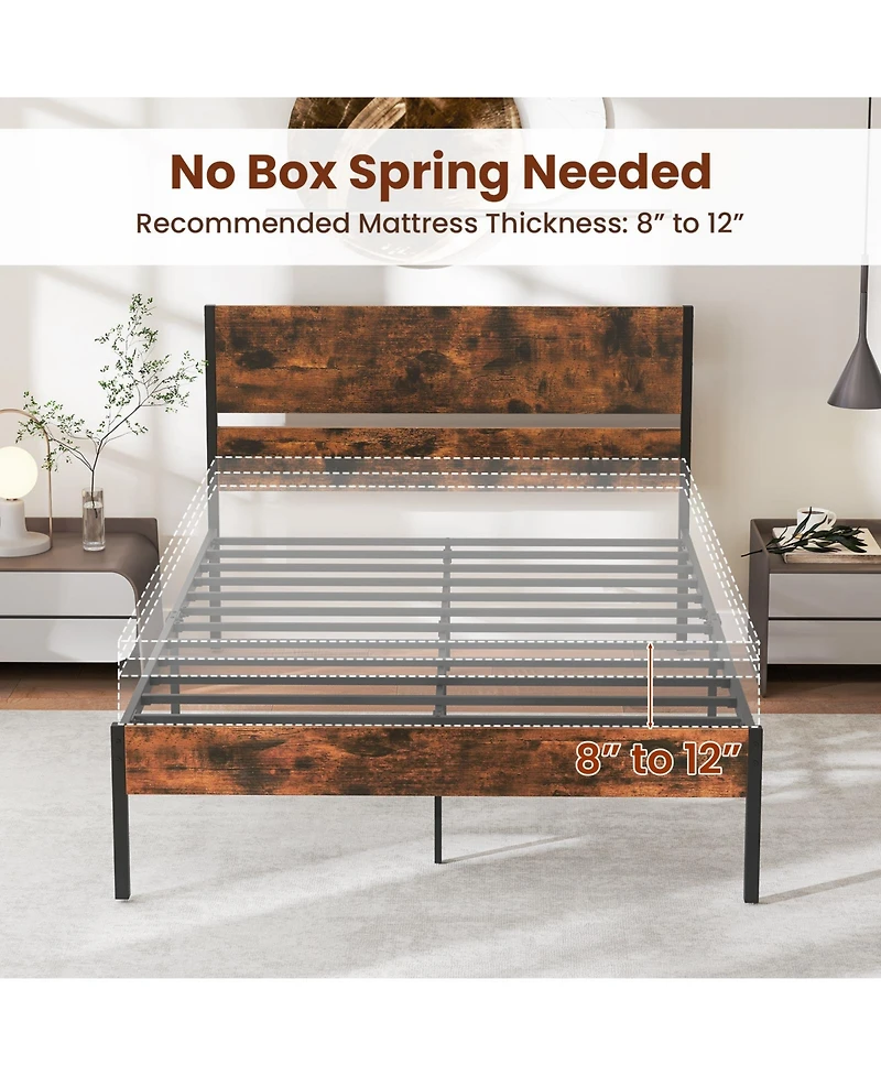 Sugift Full Size Metal Bed Frame with Wooden Headboard and Footboard