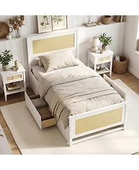 Gouun Twin Solid Wood Platform Bed Frame with Storage Drawers and Rattan Headboard