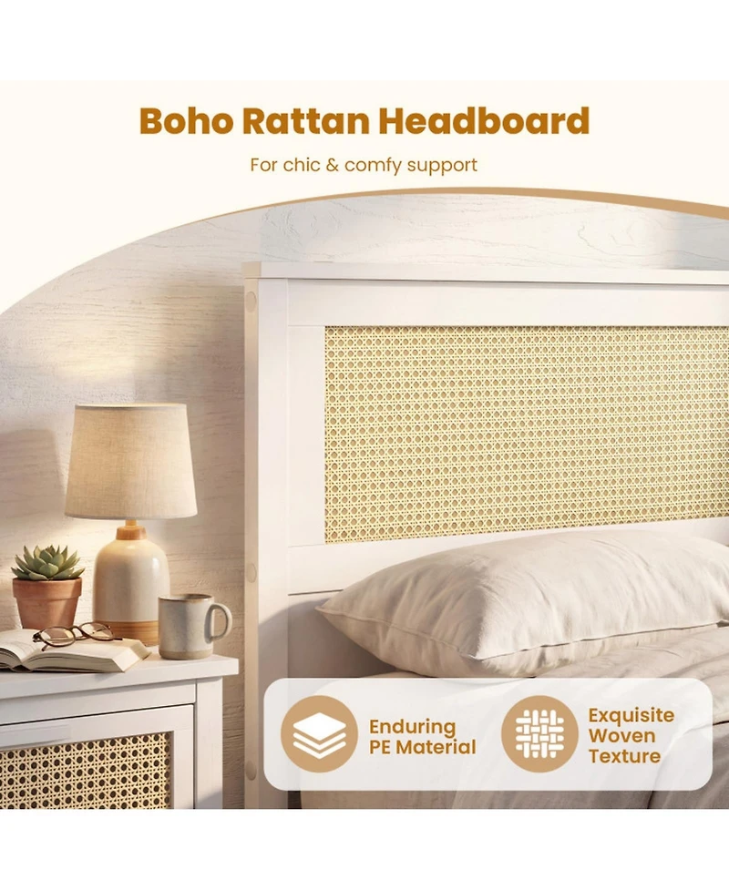 Gouun Twin Solid Wood Platform Bed Frame with Storage Drawers and Rattan Headboard