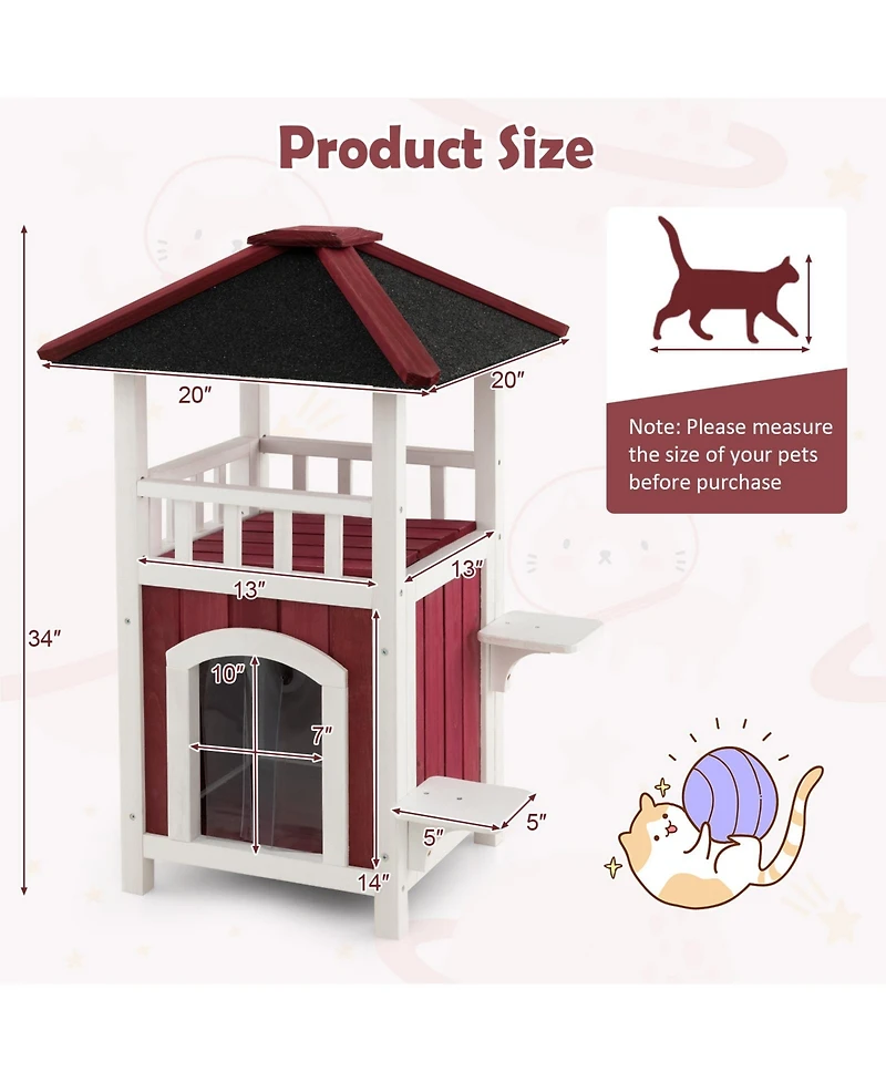 Cozito Cat House 2-Story Wooden with Asphalt Roof and Balcony