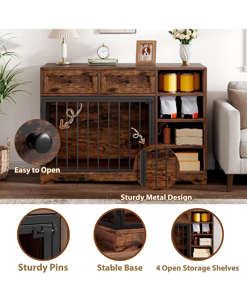 gaomon Dog Crate Furniture 47", Large Tv Stand with 2 Drawers and 4 Shelves, Wooden Kennel Indoor, Decorative Cage