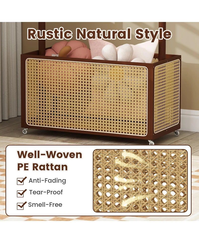 Sugift Bamboo Clothes Rack with Rattan Storage Basket and Wheels