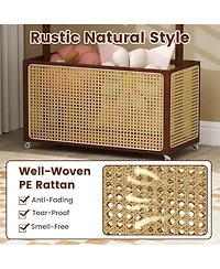 Sugift Bamboo Clothes Rack with Rattan Storage Basket and Wheels