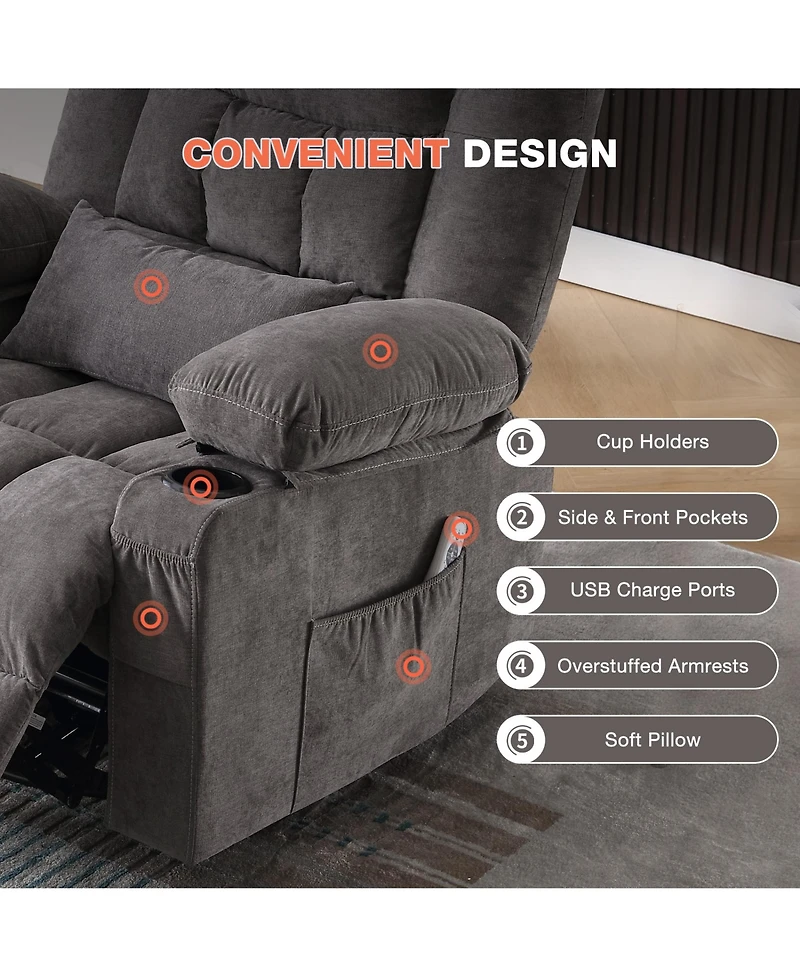 Rainsken Massage Swivel Rocker Recliner Chair with Vibration Massage and Heat, Oversized Single Sofa with 2 Cup Holders, Usb Port for Living Room
