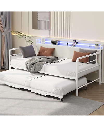gaomon Daybed with Trundle Bed, Twin Bed Frame with Corduroy Upholstered Storage Headboard & Charging Station and Led Light, Heavy Duty Metal Day Bed