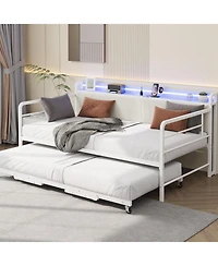gaomon Daybed with Trundle Bed, Twin Bed Frame with Corduroy Upholstered Storage Headboard & Charging Station and Led Light, Heavy Duty Metal Day Bed