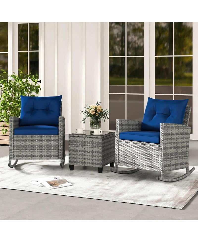 Gouun 3-Piece Pe Rattan Rocking Chair Patio Set with Glass Side Table and Cushions