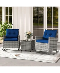 Gouun 3-Piece Pe Rattan Rocking Chair Patio Set with Glass Side Table and Cushions