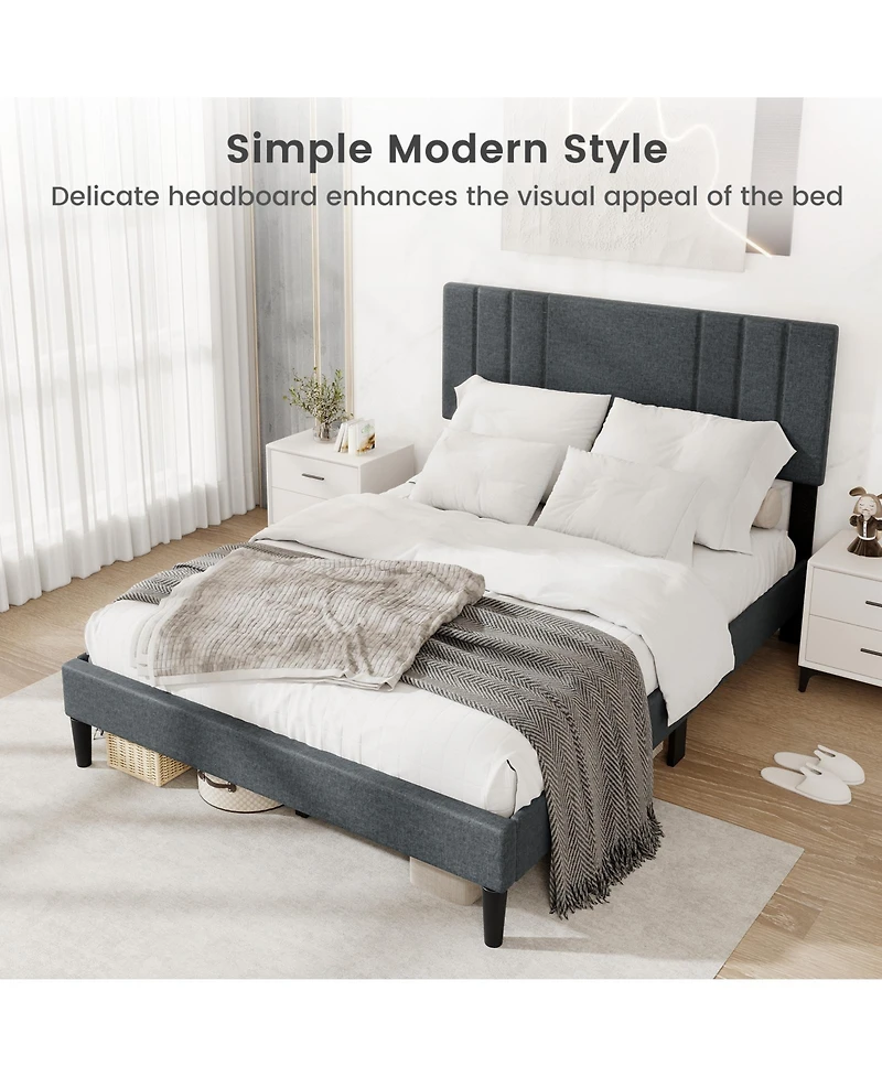 Sugift Bed Frame with Vertical Channel Tufted Headboard and Wooden Slats