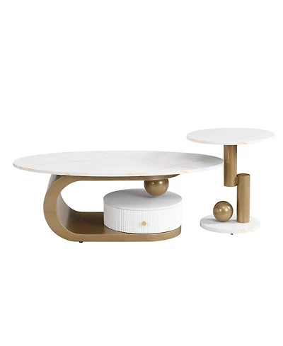 Rainsken Modern Nesting Coffee Table Set of 2, Oval and Round Table Set with Faux Marble Texture Surface and Storage Drawer for Living Room