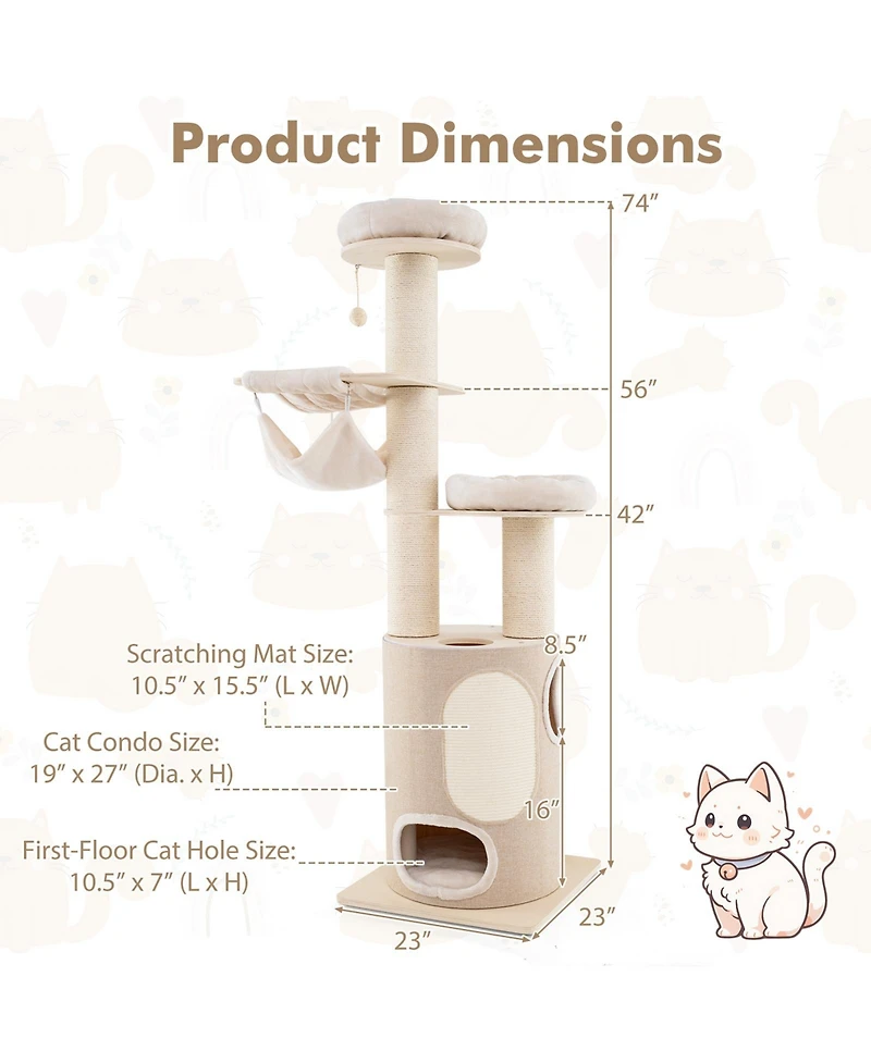 Cozito Cat Tree 74 in Wooden Tower with 2-Story Condo Cushions,